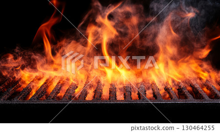 Grill flames dancing with heat radiating from barbecue, creating chaotic yet captivating scene. vibrant orange and red hues evoke sense of warmth and excitement 130464255