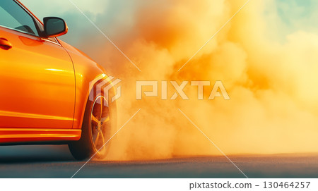 vibrant orange car kicking up dust on sunny road, creating dramatic scene with heat waves rising. image captures essence of speed and adventure 130464257