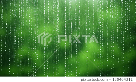 Rain droplets streaming down glass surface create serene atmosphere, with lush green background blurred behind water. scene evokes sense of calm and tranquility 130464311