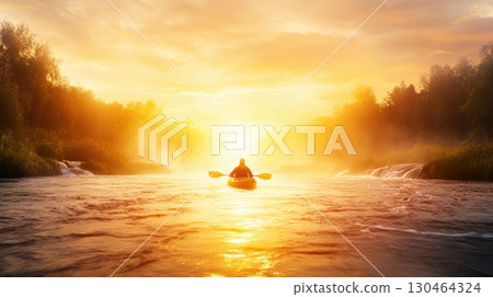 serene sunrise casts golden hues over tranquil river, with lone kayaker enjoying peaceful moment 130464324