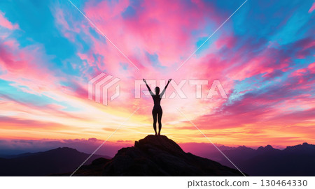 silhouette of person in yoga pose at sunset, surrounded by vibrant colors and mountains silhouette of person in yoga pose at sunset, surrounded by vibrant colors and mountains 130464330