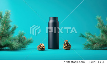 sleek black water bottle stands out against vibrant turquoise background, surrounded by pine 130464331