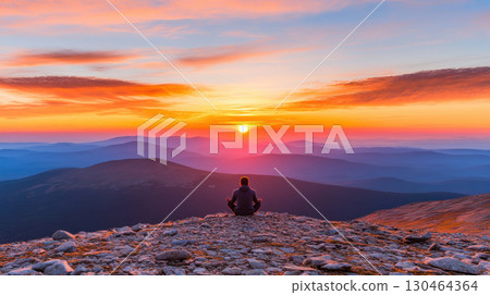 serene adventurer meditating at sunrise on mountain peak, surrounded by stunning landscapes 130464364
