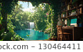 Lush outdoor workspace with river view and waterfall, surrounded by greenery 130464411