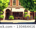 Charming outdoor cafe with lush greenery and inviting atmosphere 130464416