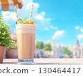 Refreshing iced coffee with cream and mint on sunny terrace 130464417