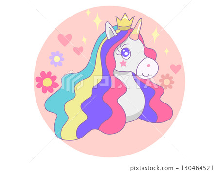 Head of cute  princess unicorn with flower, heart on pink circle and white background. Vector design illustration. 130464521