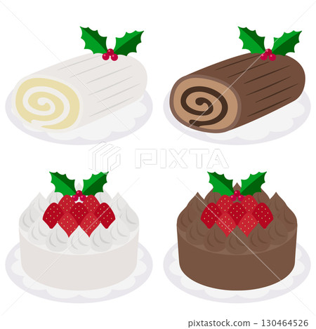 Set of 4 kinds of Christmas cakes, 2-color shortcake and Buche de Noel 130464526