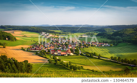 田野裡的小村莊的鳥瞰圖 130464579