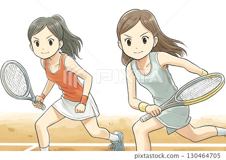 A tennis scene where two women continue a rally A tennis scene where two women continue a rally 130464705