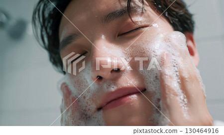 Relaxing skin care scene in the bathroom where a young man uses foaming face wash 130464916