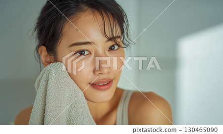Close-up of a young woman looking clean after washing her face 130465090