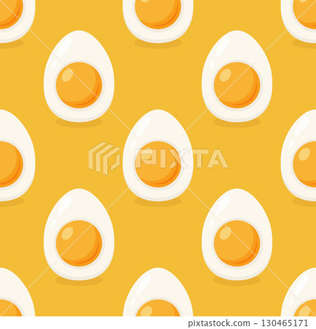 Vector Eggs Seamless Pattern. Flat Cartoon Halved Hard boiled Egg on Yellow Background. Breakfast Food Texture. Egg Cut in Half Seamless Pattern 130465171