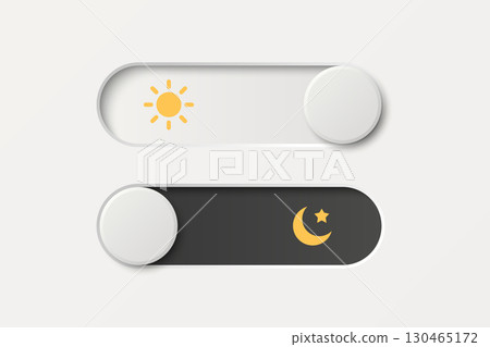 Vector 3d Day and Night Mode Toggle Switch Icon. Light and Dark Mode Switch Button. Modern Toggle Switch for Day and Night Theme in Mobile App, Website Interface Design 130465172