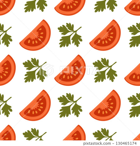 Vector Seamless Pattern with Tomatoes and Parsley. Fresh Vegetable Food Background for Culinary Design. Natural Cooking Ingredients, Organic Kitchen Decor, Italian Cuisine Illustration 130465174
