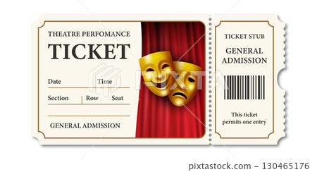 Vector Theater Ticket Template with Comedy and Tragedy Masks. Vintage Admit One Ticket. General Admission Ticket for Theater Performance, Concert, Opera, Festival, Stage Show 130465176