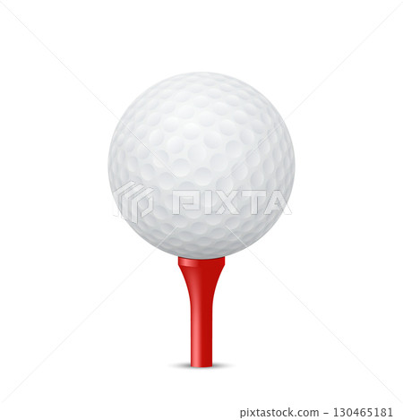 Vector 3d Blank Golf Ball on Red Tee Isolated. Realistic Golf Ball with Tee. Professional Equipment for Golf Sport, Training, Match, Tournament, Championship, Club Concept. Front View 130465181