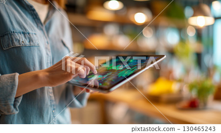 一位商人在咖啡館裡操作平板電腦，專心查看市場圖表（室內咖啡館，溫暖的燈光， 130465243