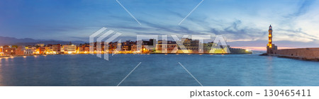 Evening panorama of Chania harbor, Crete, Greece Evening panorama of Chania harbor, Crete, Greece 130465411