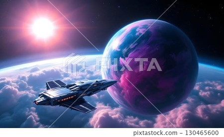 An alien spaceship soars above Earth, surrounded by stars in the vastness of space 130465600