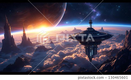 An alien spaceship glides above the clouds, with a distant space station visible in the background 130465601