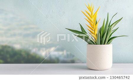 Stylish Indoor Plant Arrangement in Modern Pot Against Soft Blurred Background 130465742