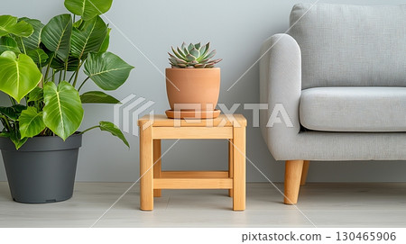 Modern Living Room with Succulent Plant on Table and Cozy Couch Next to Lush Foliage Modern Living Room with Succulent Plant on Table and Cozy Couch Next to Lush Foliage 130465906