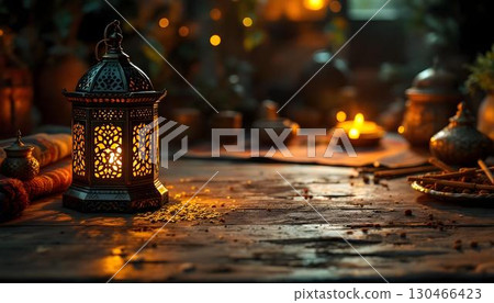 An ornate lantern glowing softly, embodying the essence of Ramadan and the joy of the Islamic holiday 130466423