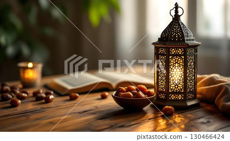 A vibrant lantern representing Ramadan, adorned with intricate designs, celebrating the Islamic holiday's traditions 130466424
