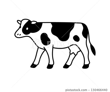 Minimalist vector of a black and white cow walking with udder. Clean linear farm animal design for agriculture and dairy branding Minimalist vector of a black and white cow walking with udder. Clean linear farm animal design for agriculture and dairy branding 130466440