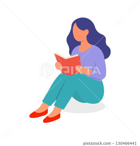 Young woman sitting and reading a book. Modern minimal woman style with relaxed pose 130466441