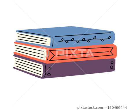 Three stacked books in blue, orange, and purple with cover decorations. Flat illustration for cozy reading and learning Three stacked books in blue, orange, and purple with cover decorations. Flat illustration for cozy reading and learning 130466444