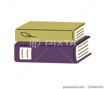Two closed books stacked horizontally, one green with a leaf, one purple with a label. Flat cozy reading style Two closed books stacked horizontally, one green with a leaf, one purple with a label. Flat cozy reading style 130466445