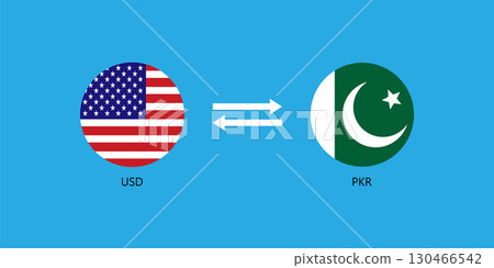 USD to PKR Currency Exchange Illustration with American and Pakistan Round Flags Icon. 130466542