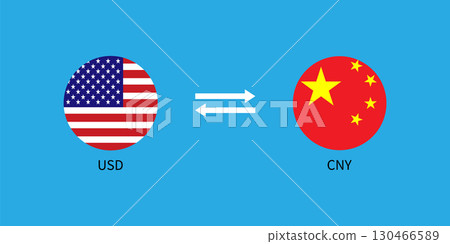 USD to CNY Currency Exchange Illustration with American and China round flags icon. USD to CNY Currency Exchange Illustration with American and China round flags icon. 130466589