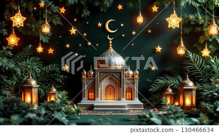 An Islamic mosque with a crescent moon and stars on a green background, capturing the spirit of Ramadan 130466634