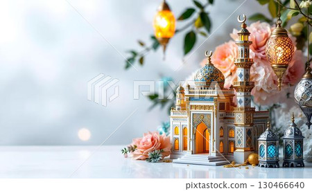 A crescent moon illuminating intricate Islamic architecture, representing the serenity of Ramadan A crescent moon illuminating intricate Islamic architecture, representing the serenity of Ramadan 130466640