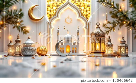 A 3D depiction of Islamic architecture adorned with golden lanterns and a crescent moon, perfect for a Ramadan backdrop 130466642