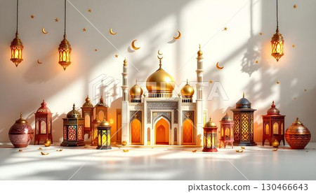 3D rendering of Islamic architecture featuring golden lanterns and a crescent moon, set against a Ramadan-themed background 130466643