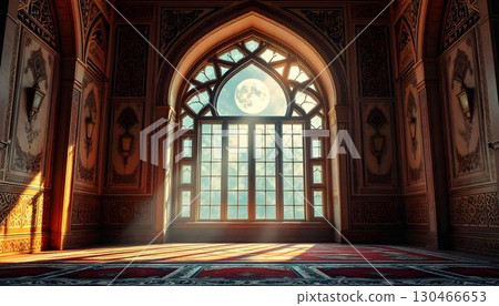 A spacious mosque interior with a large window, sunbeams illuminating the room during Ramadan 130466653