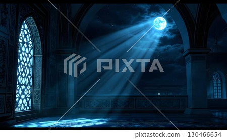 A dark mosque room illuminated by a soft blue light streaming through the window during Ramadan 130466654