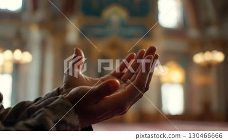 Individual engaged in prayer inside a mosque, embodying faith and tranquility in a sacred space 130466666