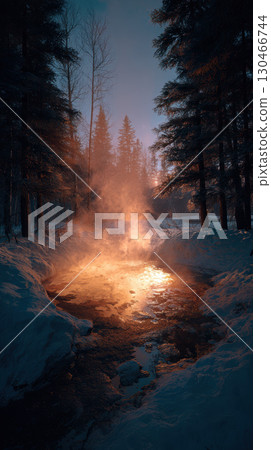 Hidden hot spring in snowy forest with rising steam and warm glowing light at dusk Hidden hot spring in snowy forest with rising steam and warm glowing light at dusk 130466744
