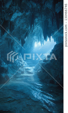 Underwater cave crystal clear water stalactite serene blue light reflection Mysterious 130466746