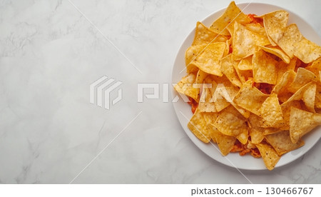 Crispy cracker nachos traditional snack on white plate 130466767