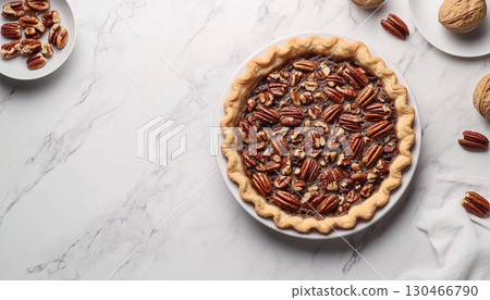 Pecan pie tart bread crusty sweet snack food on white plate, flat lay white table Pecan pie tart bread crusty sweet snack food on white plate, flat lay white table 130466790