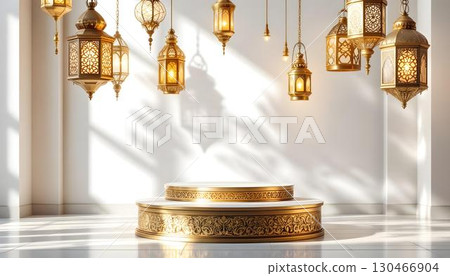 An empty luxury stage adorned with gold decorations and potted plants, set for a Ramadan celebration 130466904