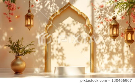 A sophisticated Arabic stage aglow with golden lights and lamps, equipped with a podium for Ramadan festivities 130466907
