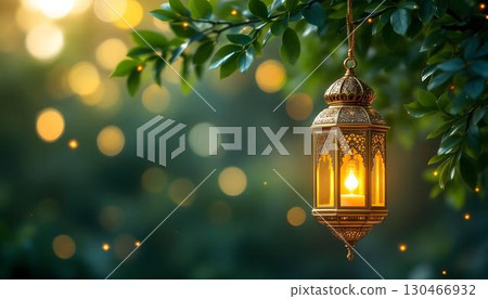 A beautifully crafted golden lantern dangles from a tree branch, casting a soft glow in the dark, celebrating Ramadan A beautifully crafted golden lantern dangles from a tree branch, casting a soft glow in the dark, celebrating Ramadan 130466932