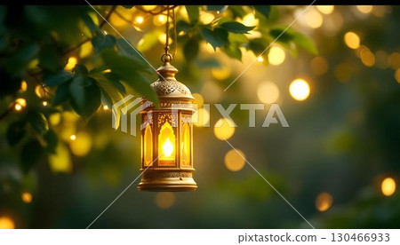 A golden lantern hangs from a tree, illuminating the darkness, symbolizing Ramadan's warmth and light 130466933